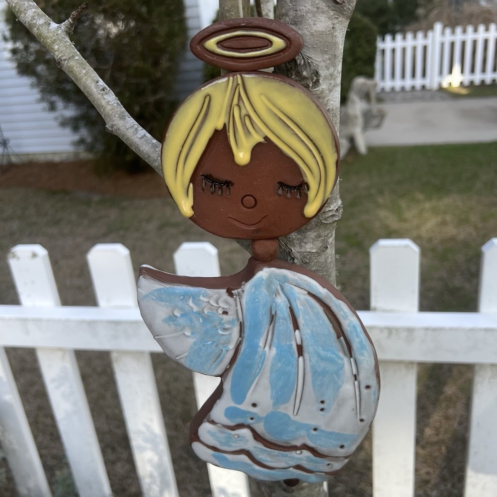 Vintage Pacific Stoneware Clay Angel People Lover Double Sided Wind Chime USA